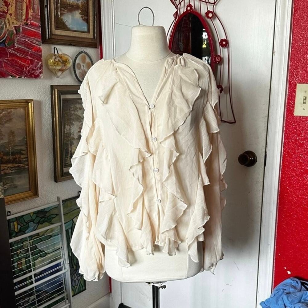 no brand cream long sleeve button blouse top